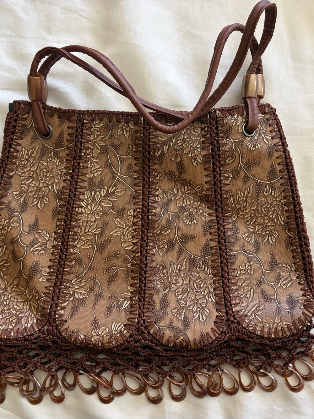 Brown Floral Embossed Mini Bag with Woven Trim